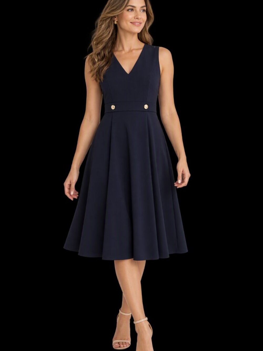 Calvin Klein V-Neck Fit and Flare Midi Dress with Gold Buttons